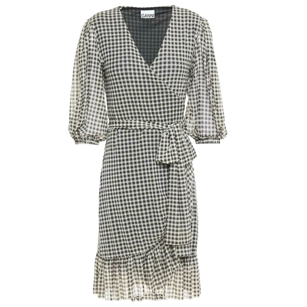 Ganni Mini Ruffle Short Sleeve Dress - Ruffle - Gingham Plaid - Mesh - Picture 3 of 15
